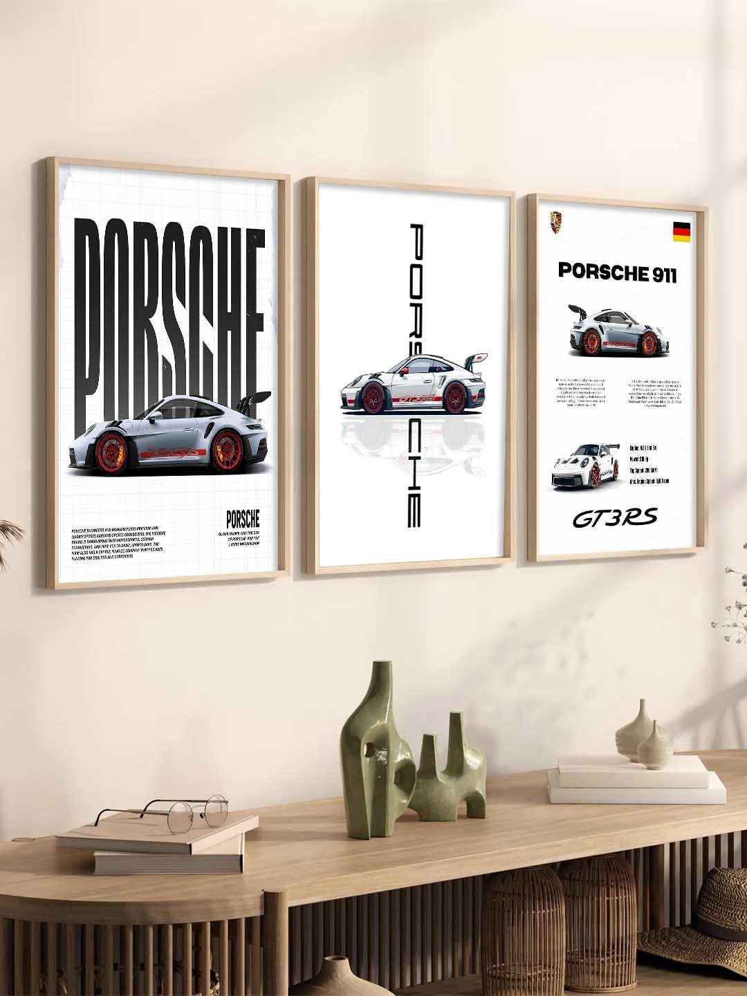 WALLLANE  Set of 3 White Sports Car Framed Poster Photographs