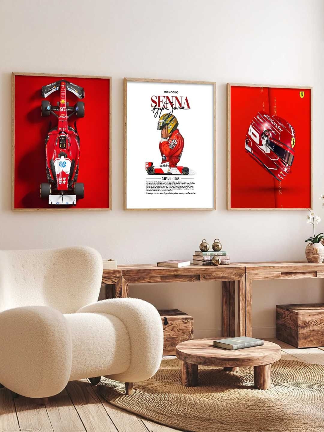 WALLLANE Set of 3 Red Sports Car Wood Framed Wall Photographs
