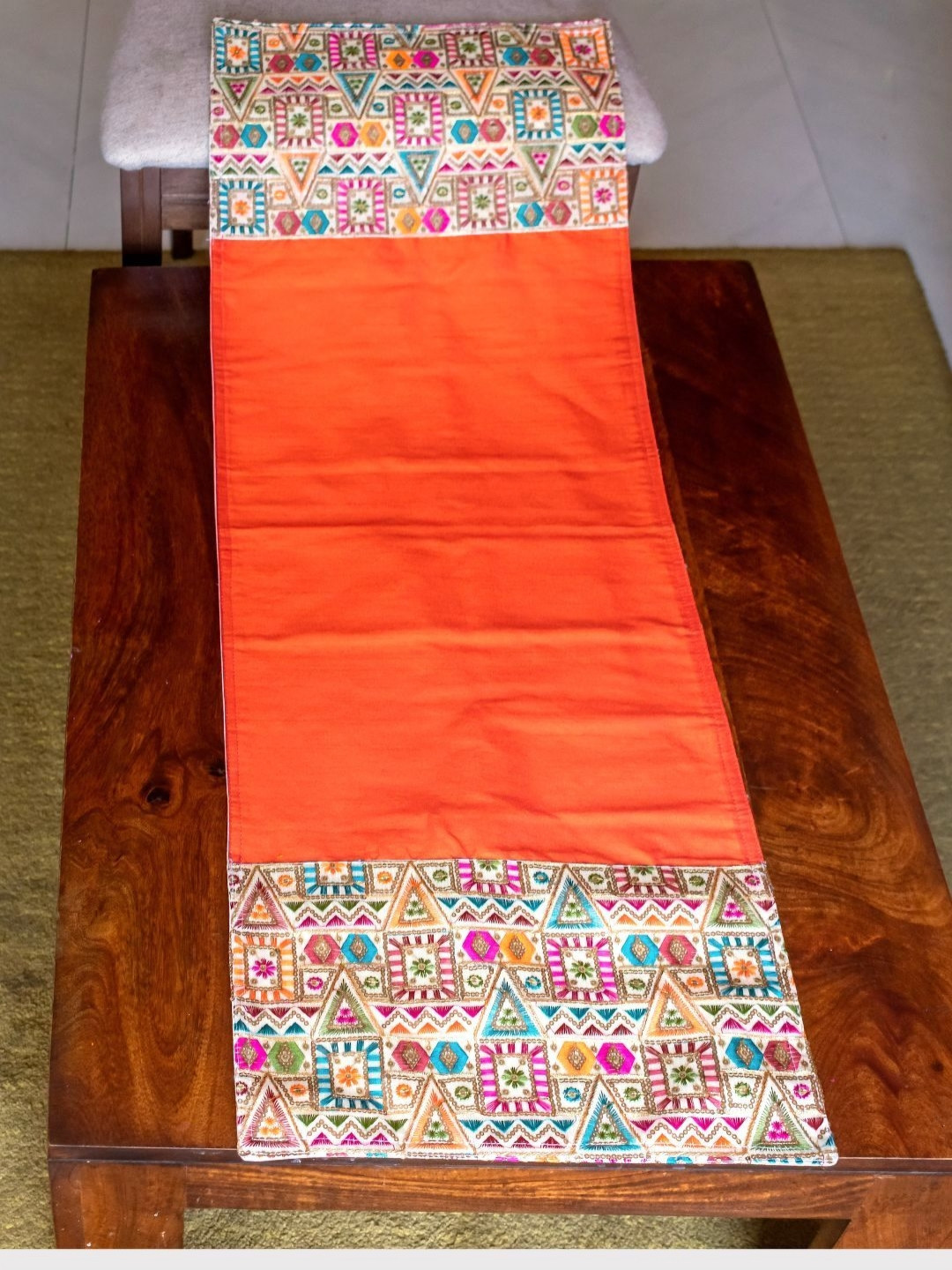 PILOVILO White & Orange Ethnic Motifs Embroidered Table Runners