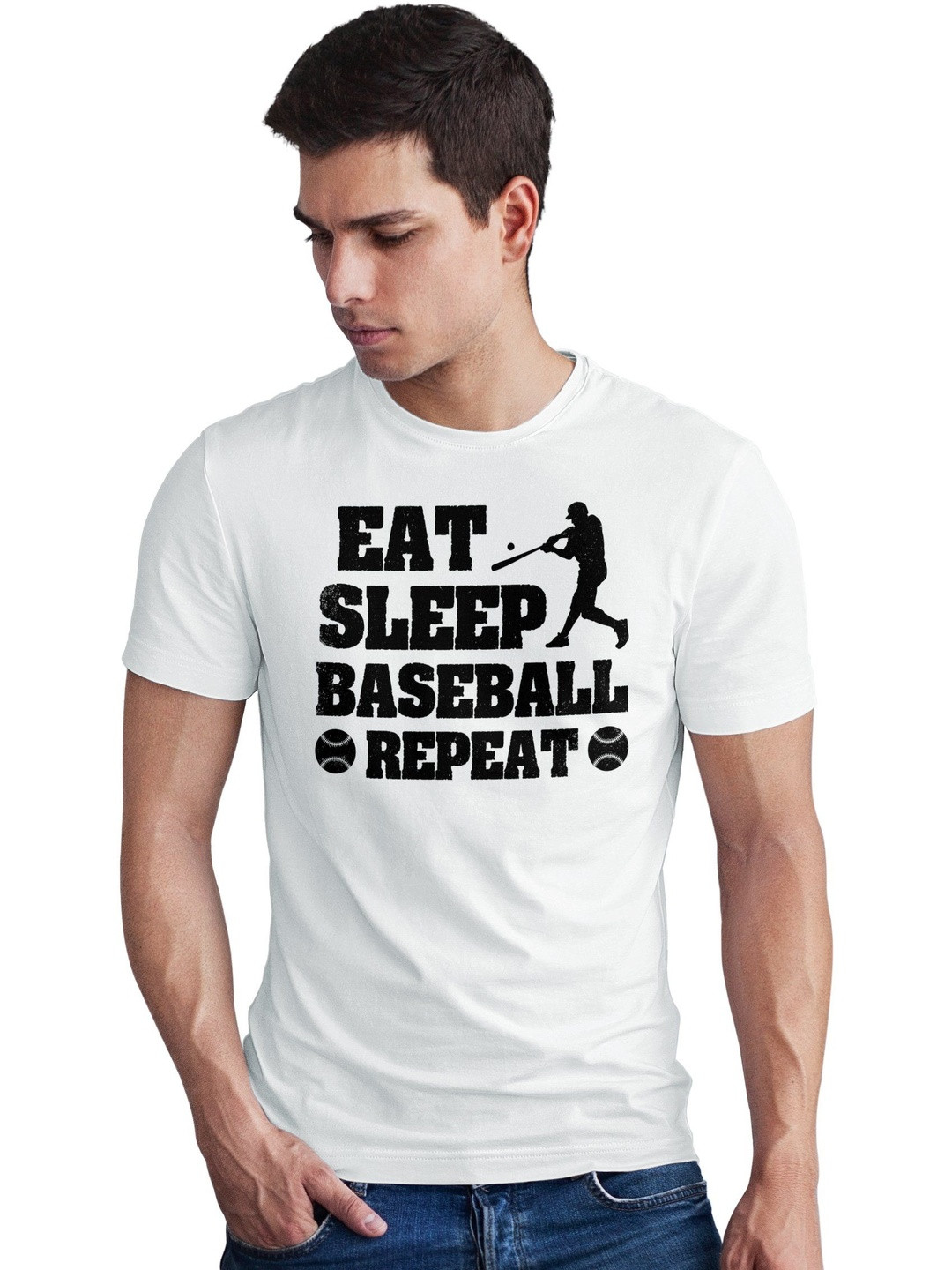 Seekbuylove Men Regular Fit Eat Sleep Baseball Repeat Printed Bio Finish Cotton T-shirt
