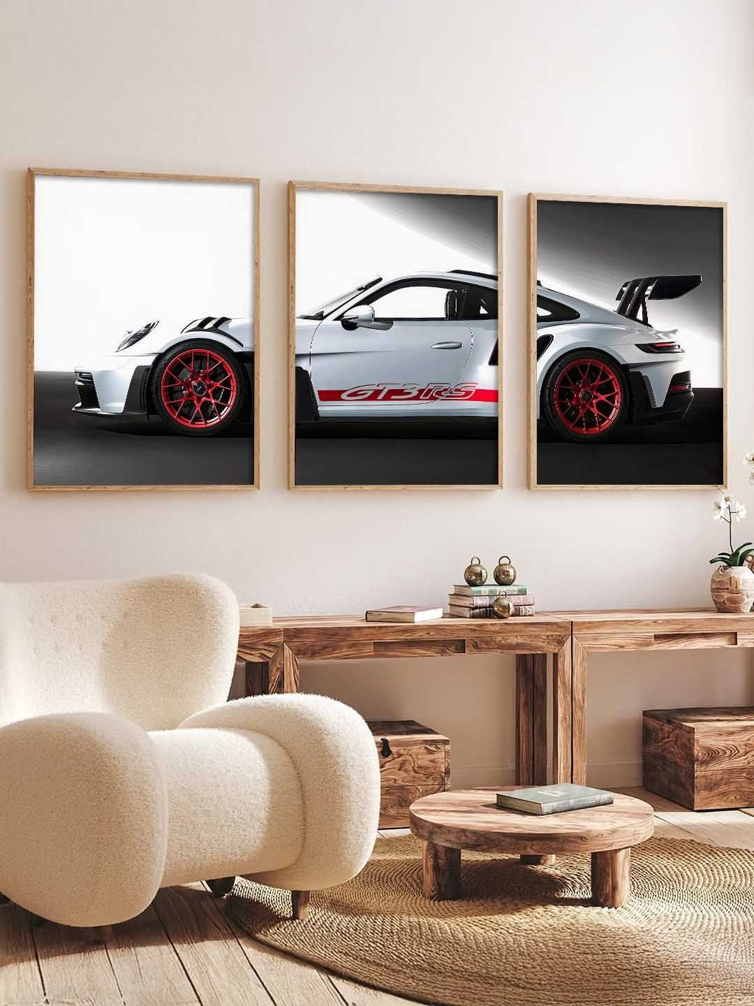 WALLLANE Set of 3 Sports Car Framed Wood Wall Paintings