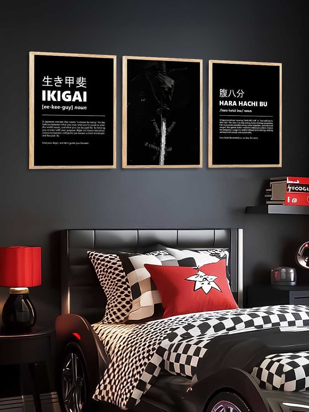 WALLLANE Set of 3 Japanese Art Framed Posters Wood Framed Wall Paintings