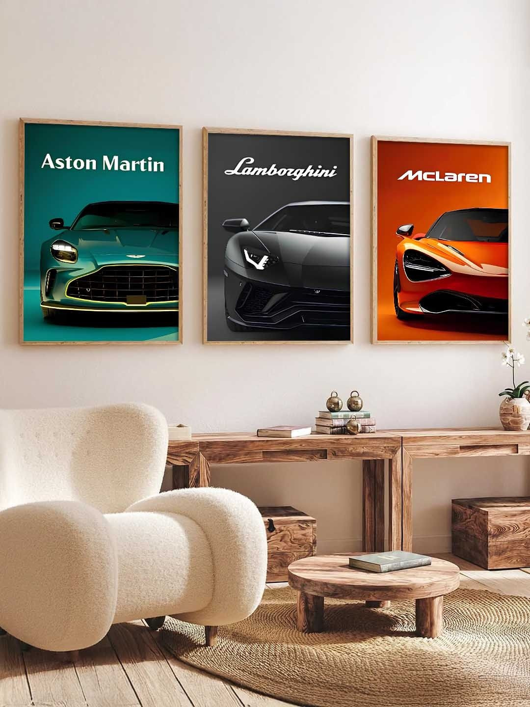 WALLLANE Set of 3 Sports Car Framed Wall Paintings