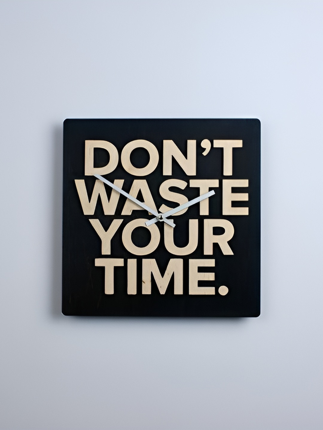 QEZNEF Black Typography Printed Square Analogue Wooden Traditional Wall Clock