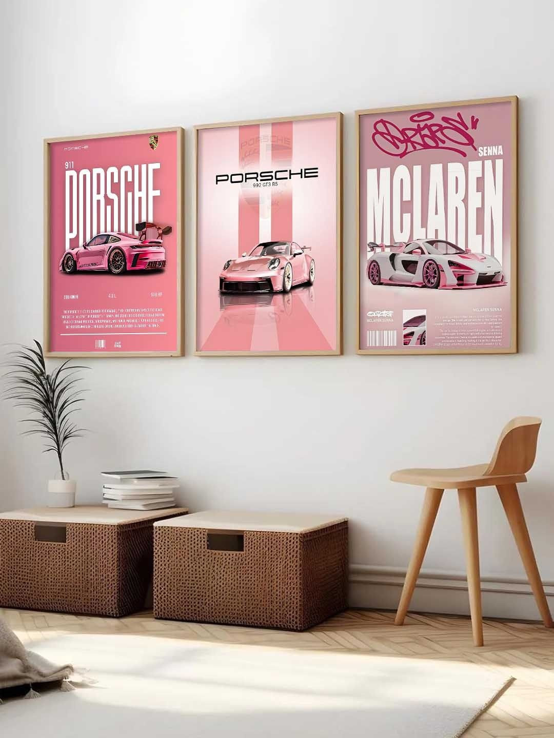 WALLLANE Pink And White 3 Pieces Sports Car Framed Wooden Wall Paintings