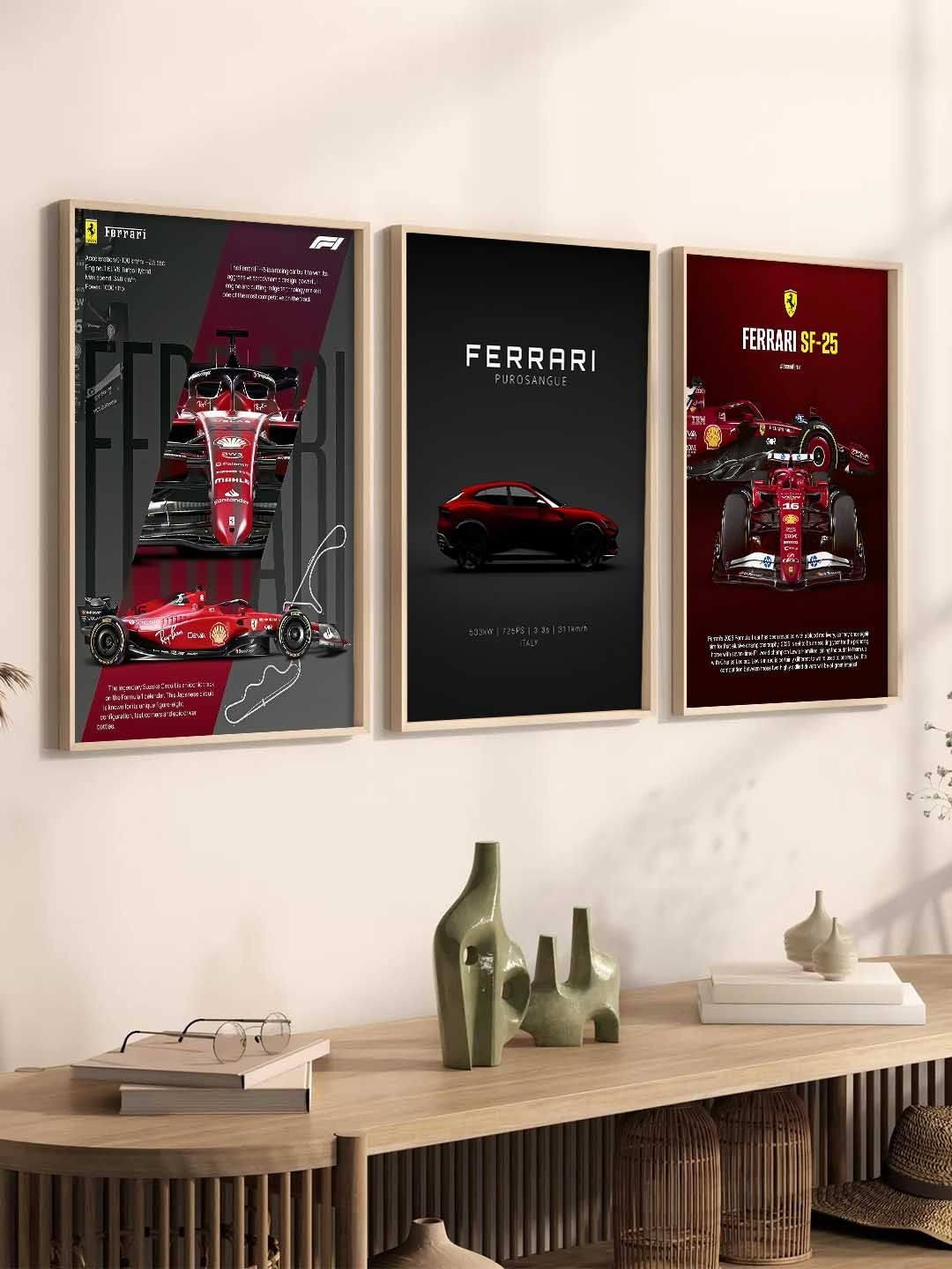 WALLLANE Set of 3 Red & Multicoloured  Wood Sports Car Framed Poster