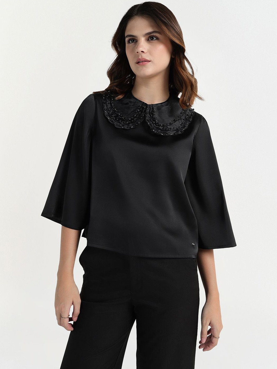 ELLE Women Peter Pan Collar Beaded Embellished Flared Sleeve Top