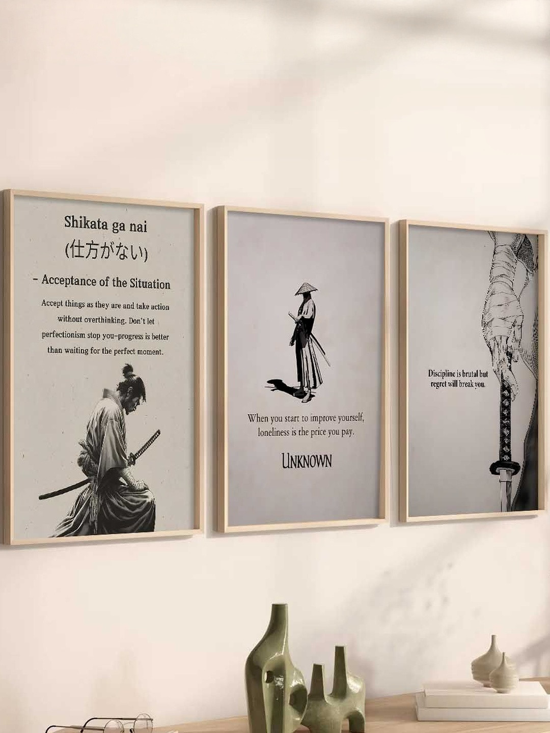 WALLLANE Set of 3 Grey Wood Japanese Art Framed Posters