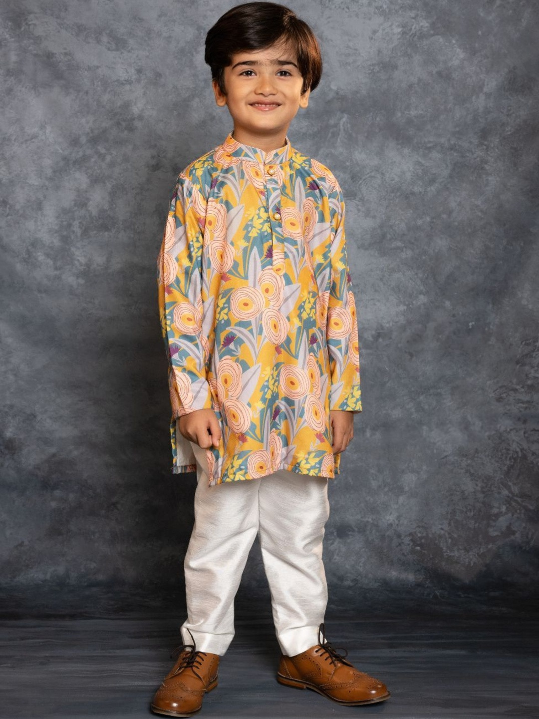Jilmil Boys Floral Printed Kurta with Banglori Silk Pyjamas