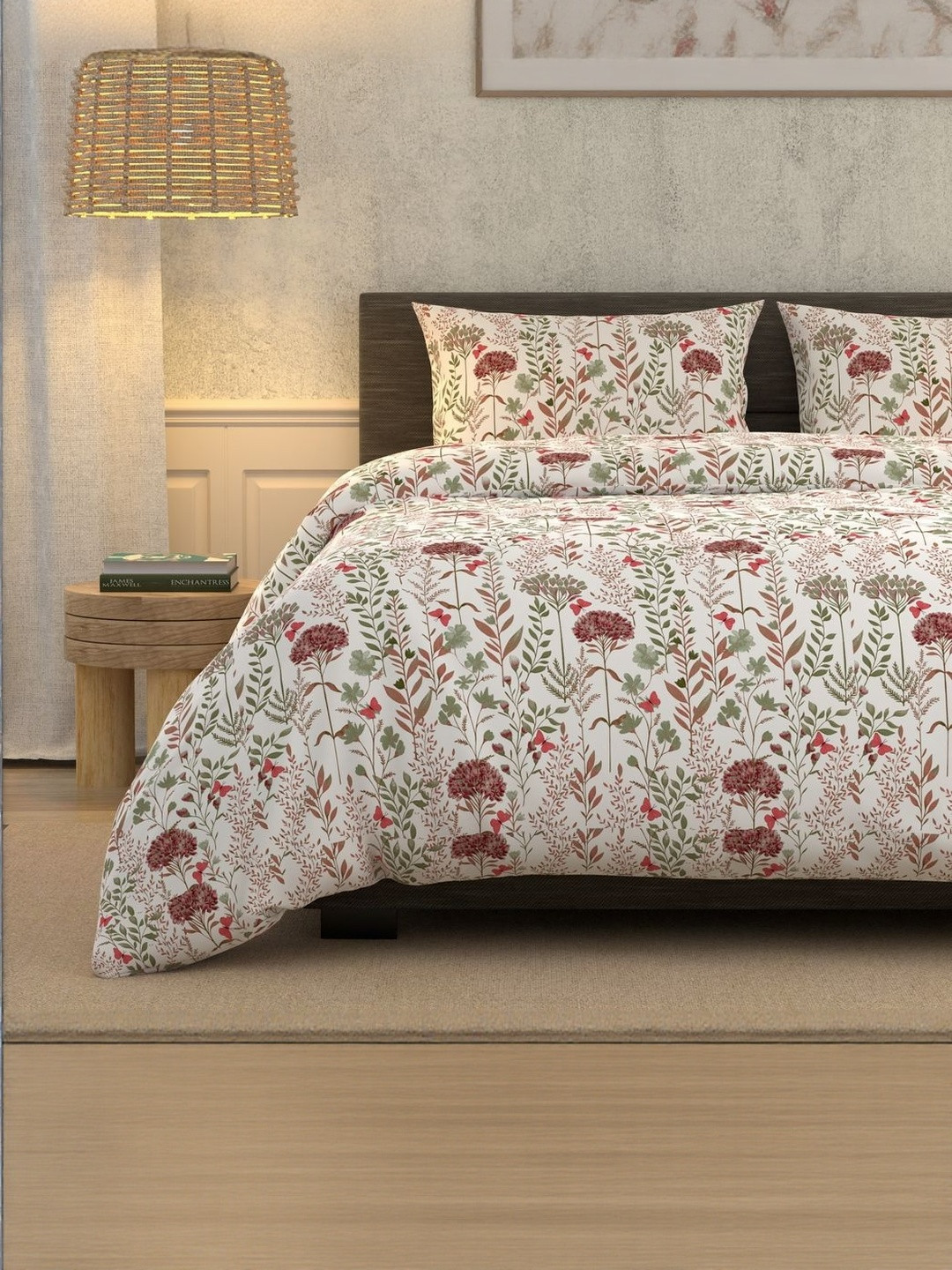 LA VERNE Off White And Brown Floral 180 TC King Bedsheet With 2 Pillow Covers