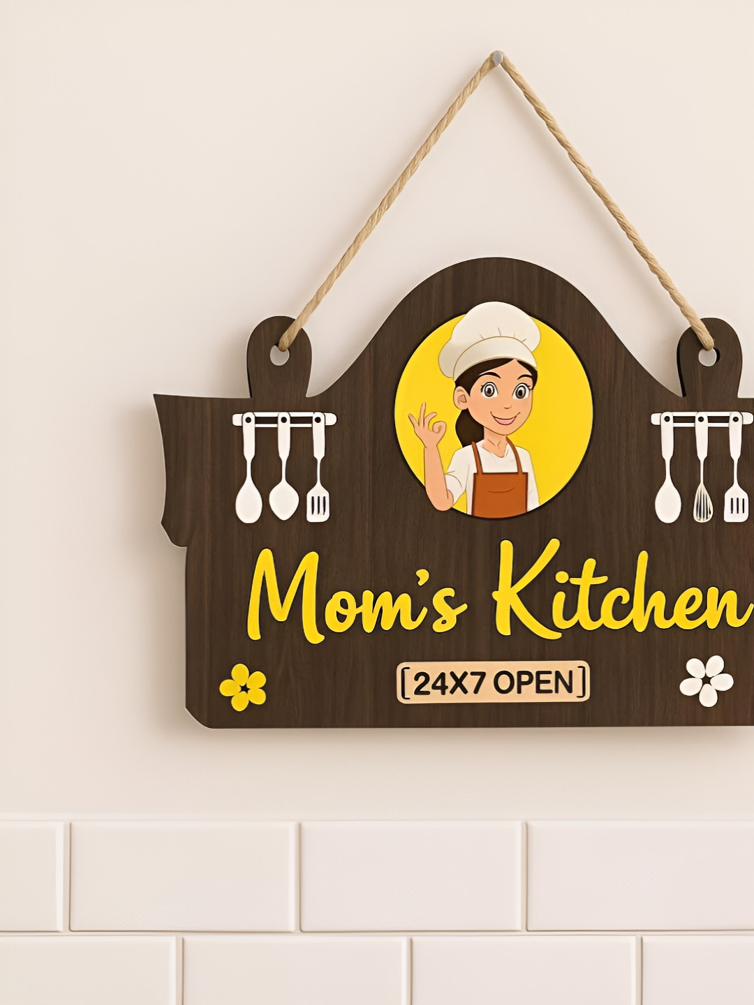 Manifested Decor Brown And Yellow Mom's Kitchen Printed Wooden Wall Hangings