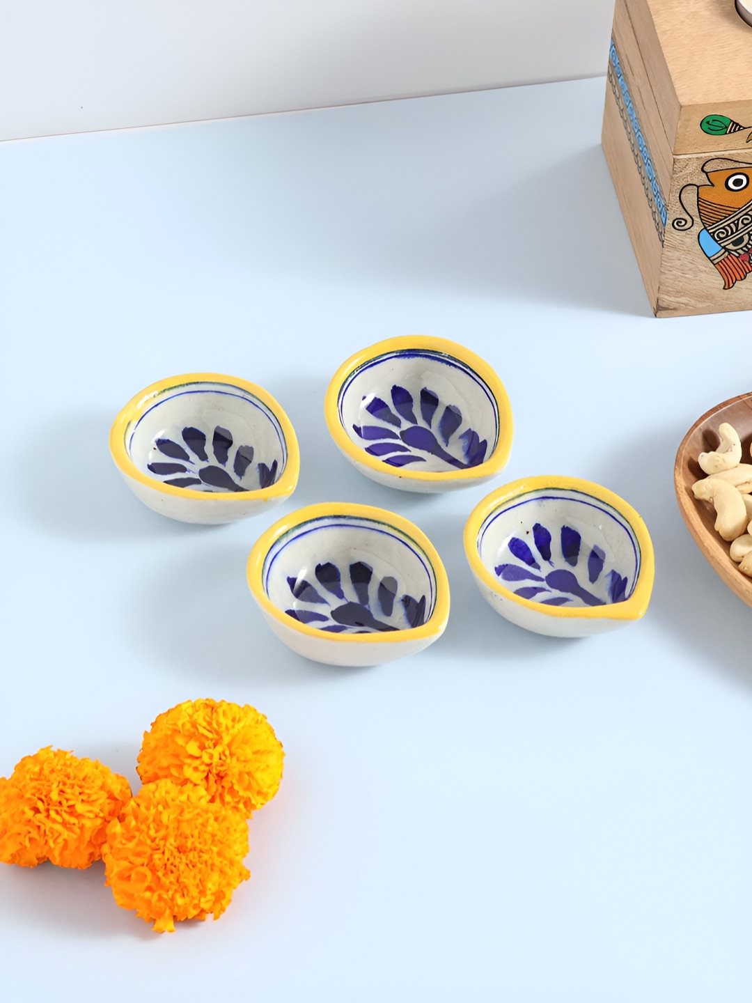 Eyaas  White & Navy Blue 4 Pieces Printed Pottery Diyas