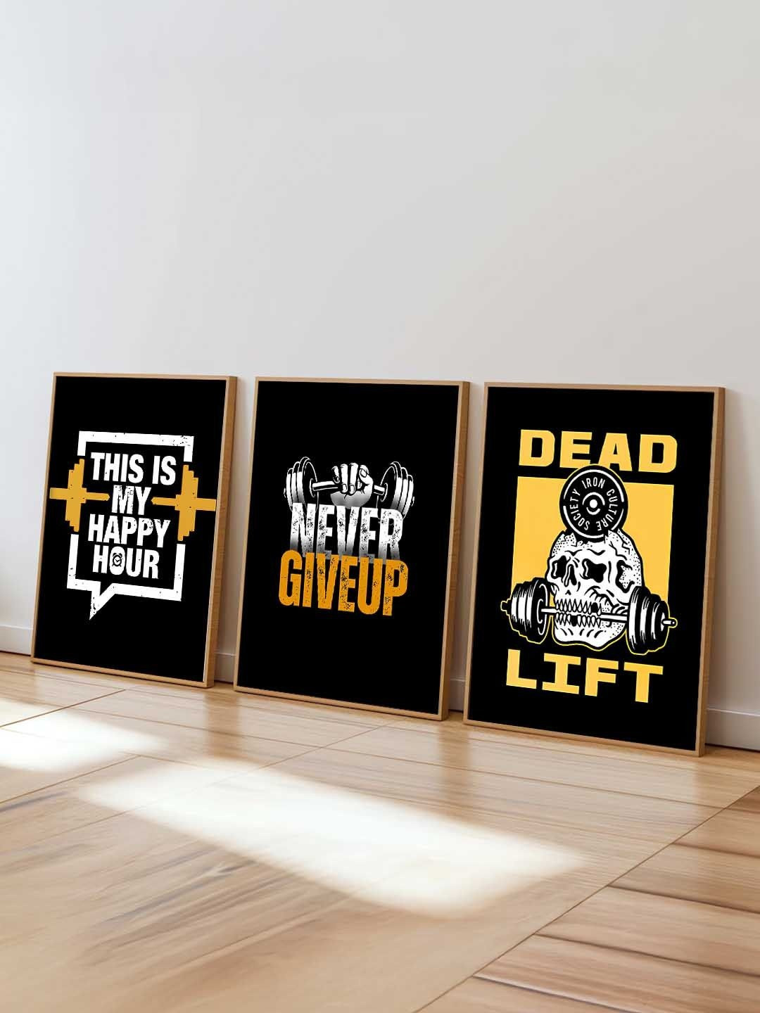 WALLLANE Set of 3 Red & Multicoloured Wood Bodybuilding Motivational Art Framed Poster