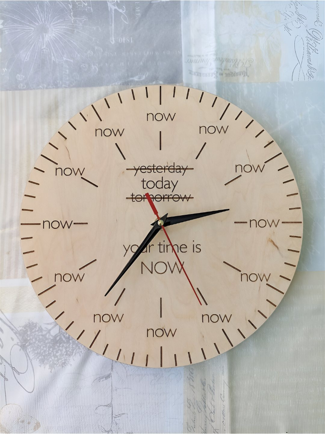 QEZNEF Beige Typography Printed Round Shaped Analogue Contemporary Wooden Wall Clock