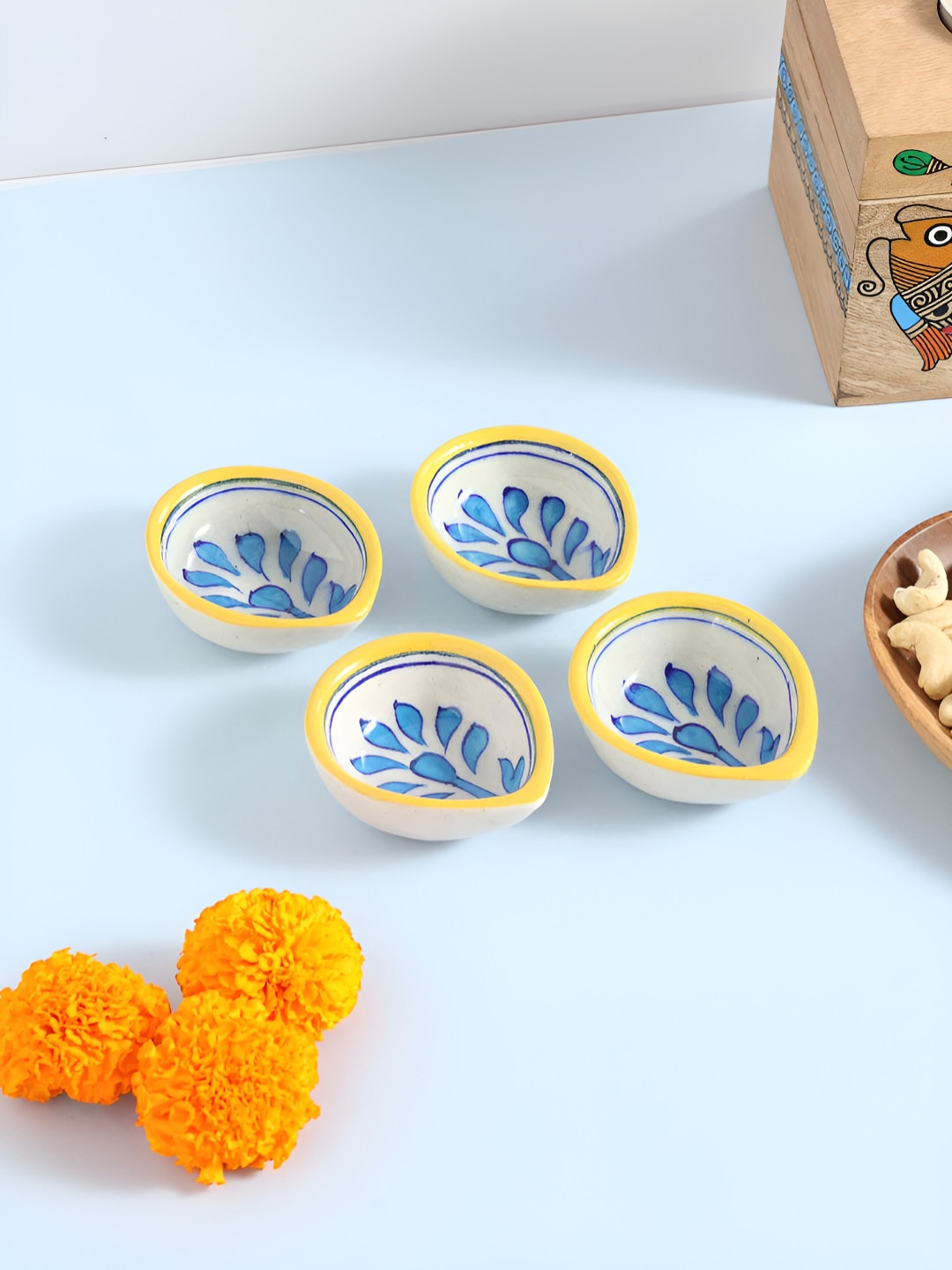 Eyaas White & Blue 4 Pieces Printed Ceramic Pottery Diyas