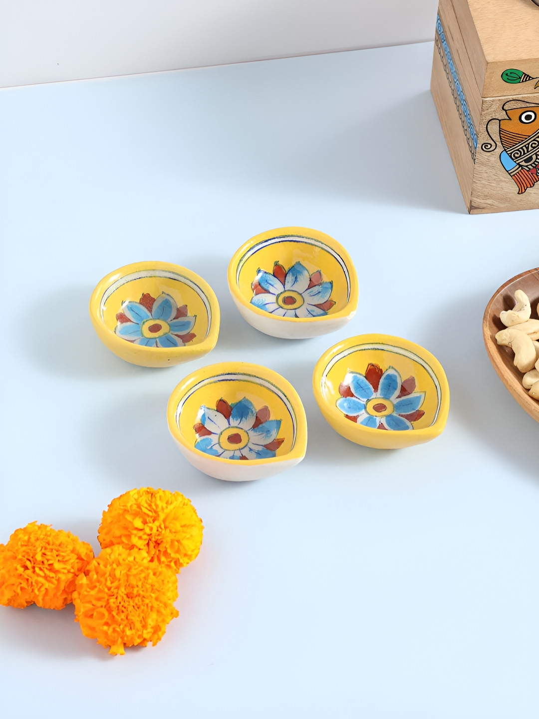 Eyaas Yellow & Brown 4 Pieces Ceramic Pottery Diyas