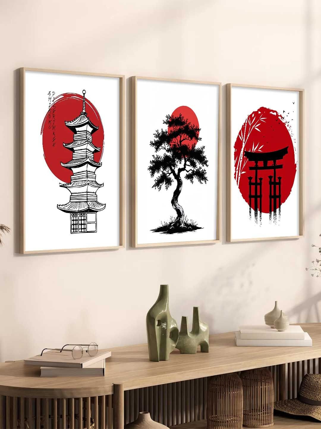 WALLLANE Pack Of 3 White Japanese Art Wood Framed Wall Arts