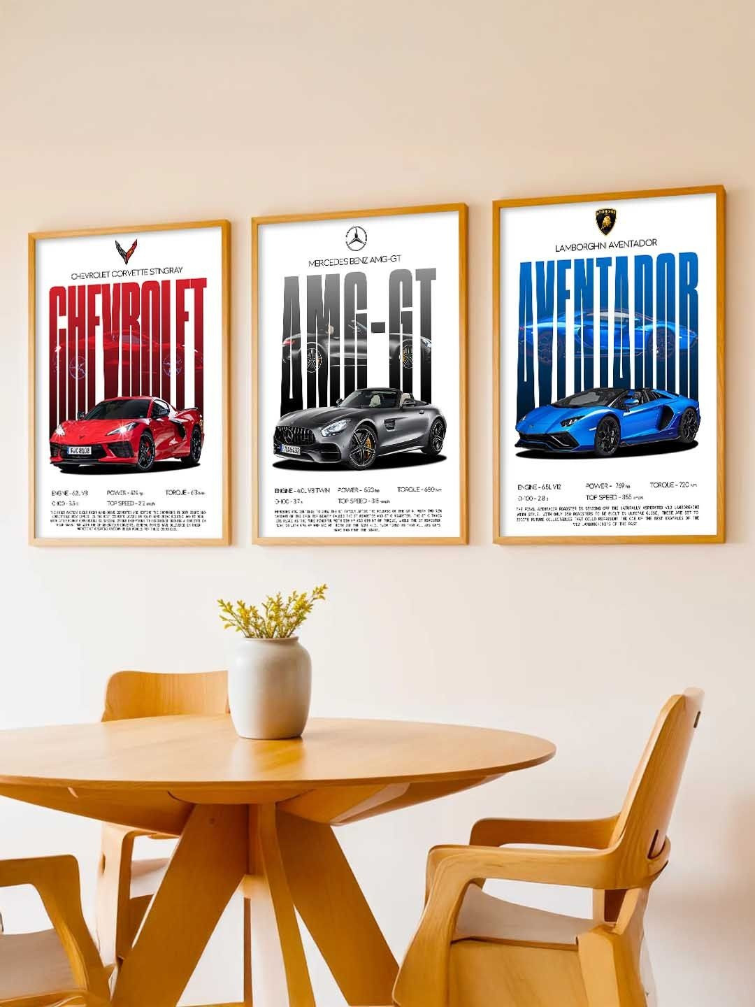 WALLLANE White And Blue 3 Pieces Sports Car Framed Wooden Wall Paintings