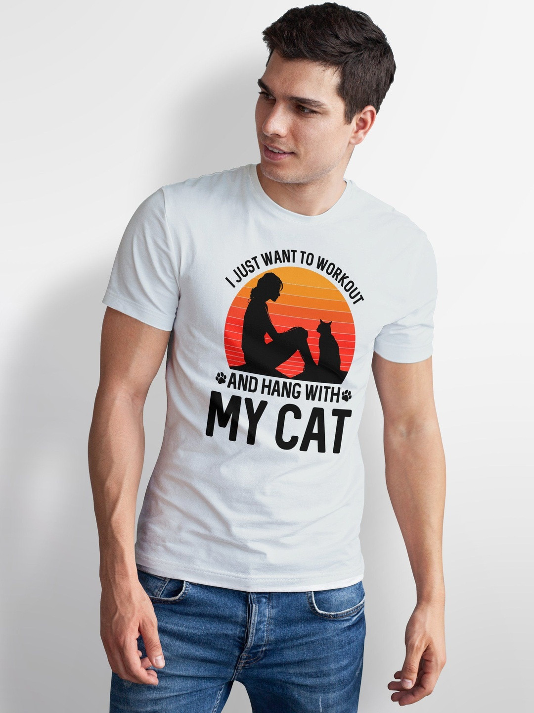 Seekbuylove Typography Workout Cat Printed Round Neck Bio Finish Pure Cotton T-shirt