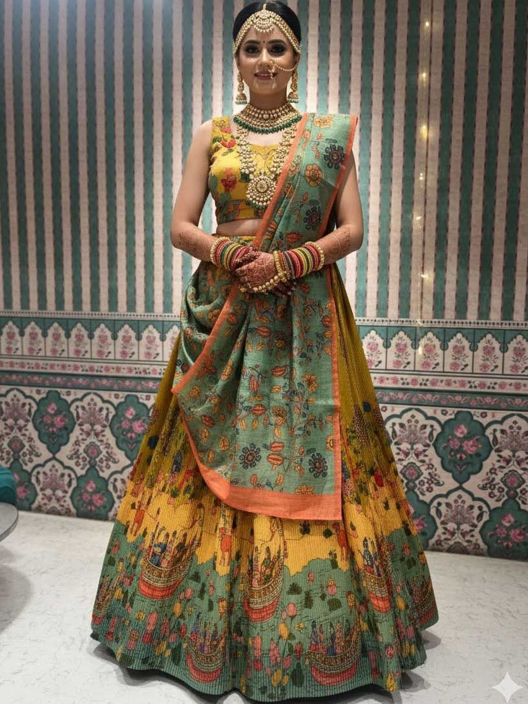 SAPTRANGI Woven Design Kalamkari Semi-Stitched Lehenga & Unstitched Blouse With Dupatta