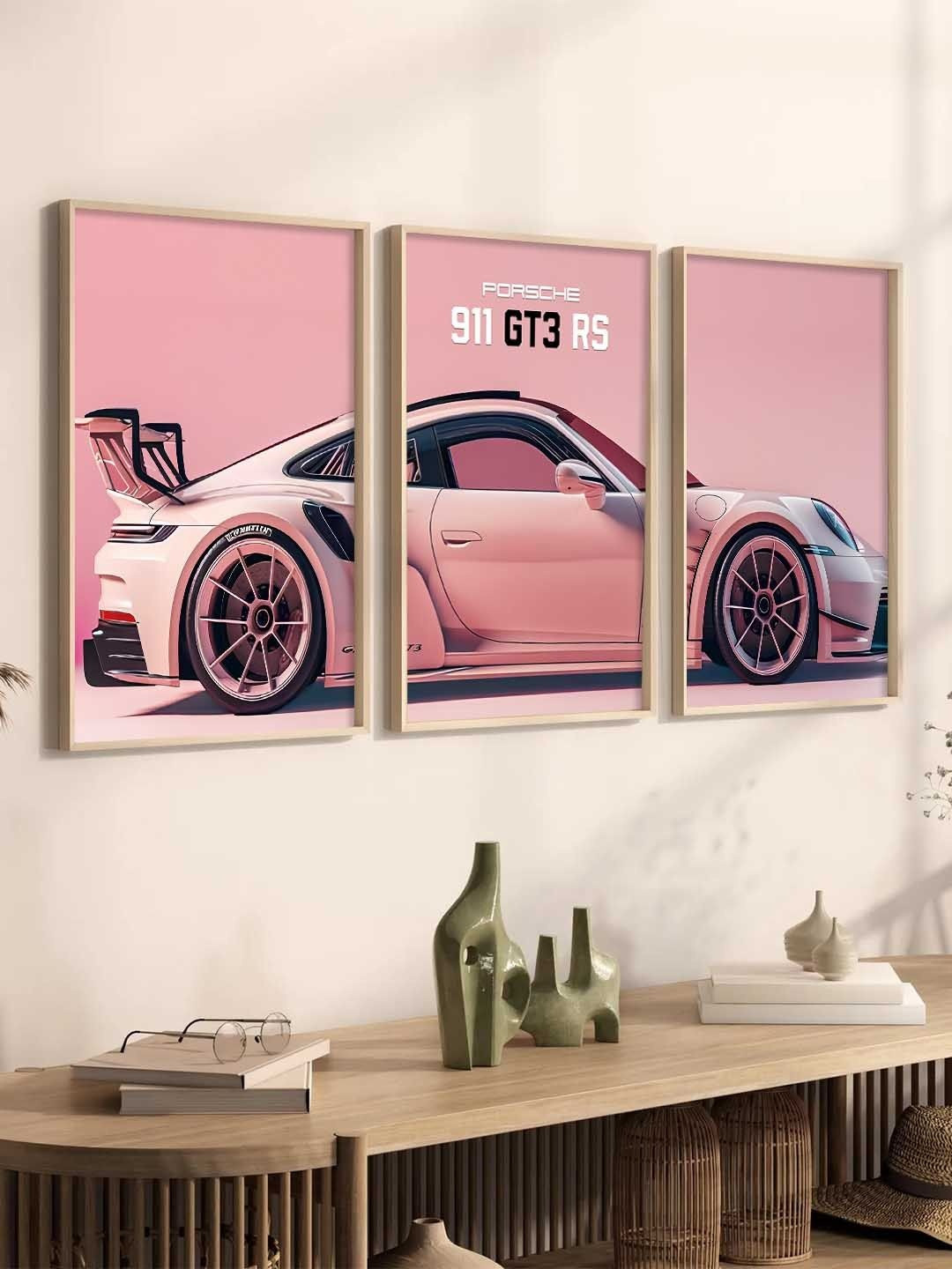 WALLLANE Set Of 3 Pink Sports Car Themed Wood Frame Triptych Posters