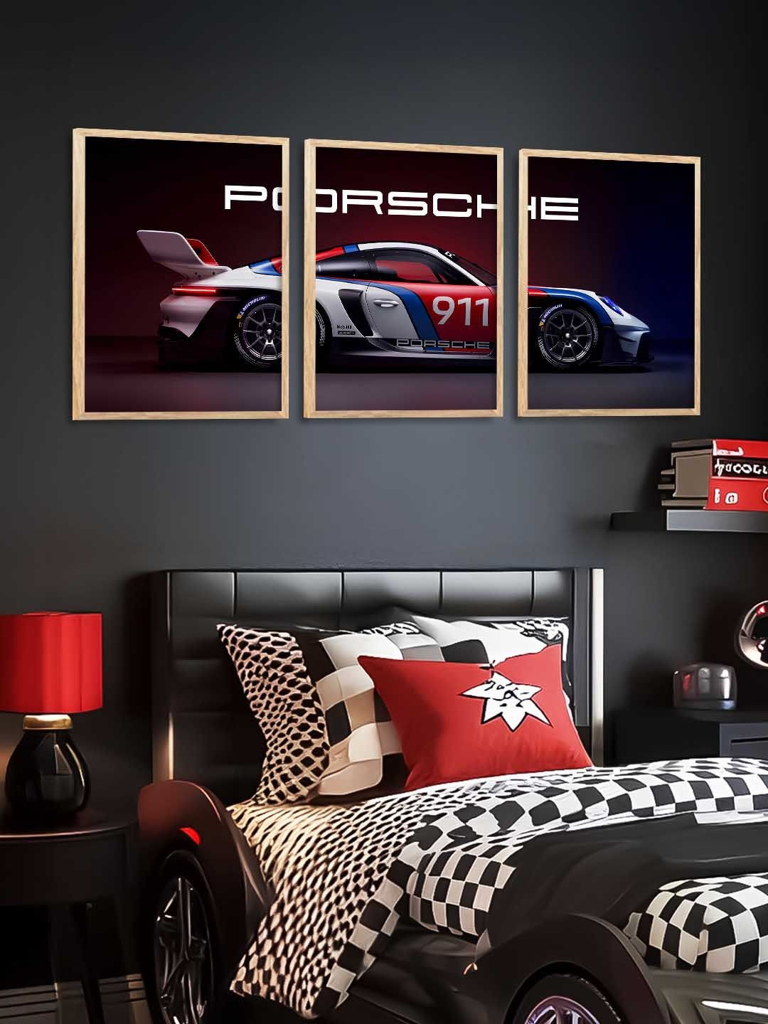 WALLLANE Set of 3 Multicoloured Wooden Sports Car Framed Posters