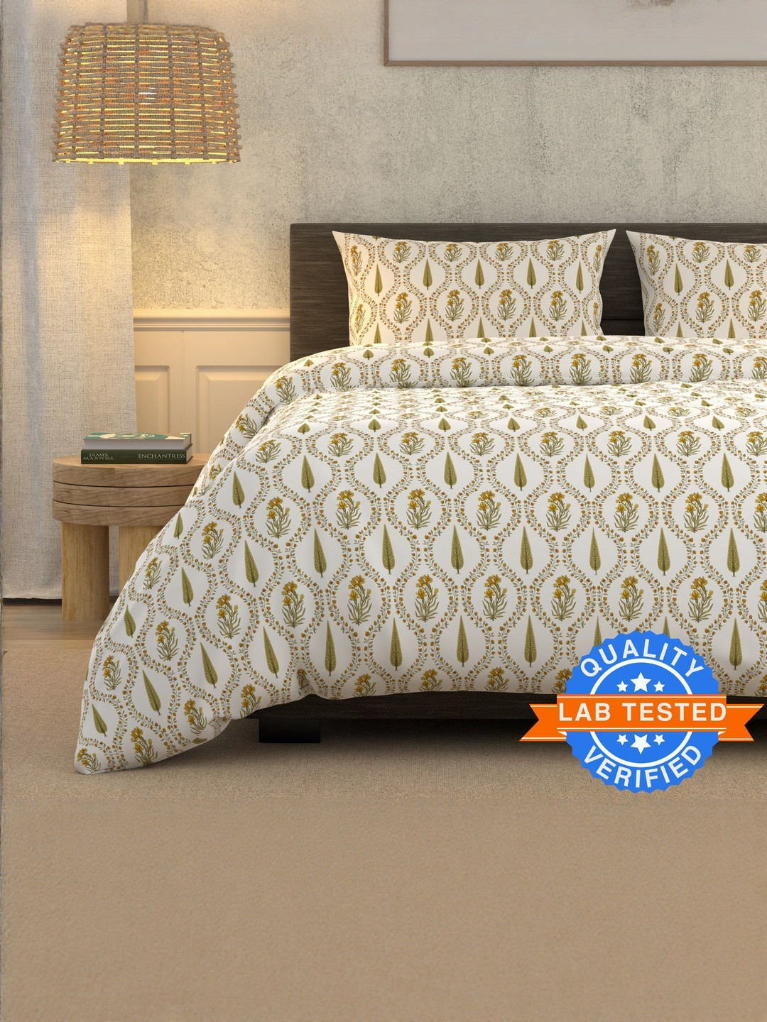 LA VERNE Off White And Green Floral 180 TC King Bedsheet Set