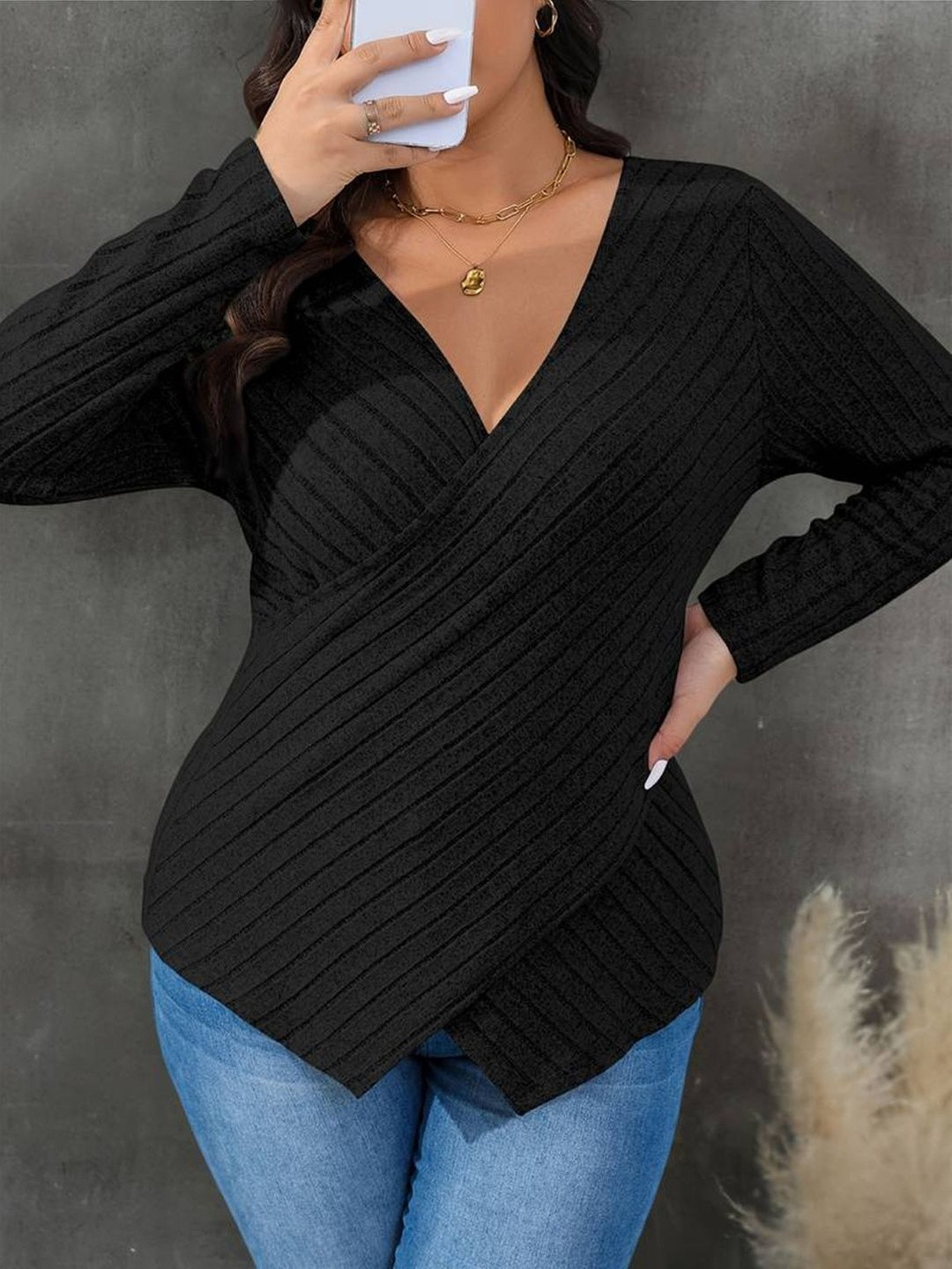StyleCast Women Striped V-Neck Long Sleeve Tops