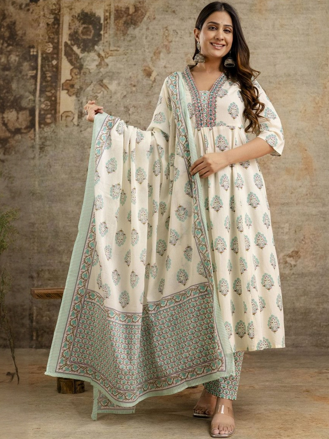 MANI EXPORTS Ethnic Motifs Printed Pure Cotton Anarkali Kurta With Palazzo & Dupatta