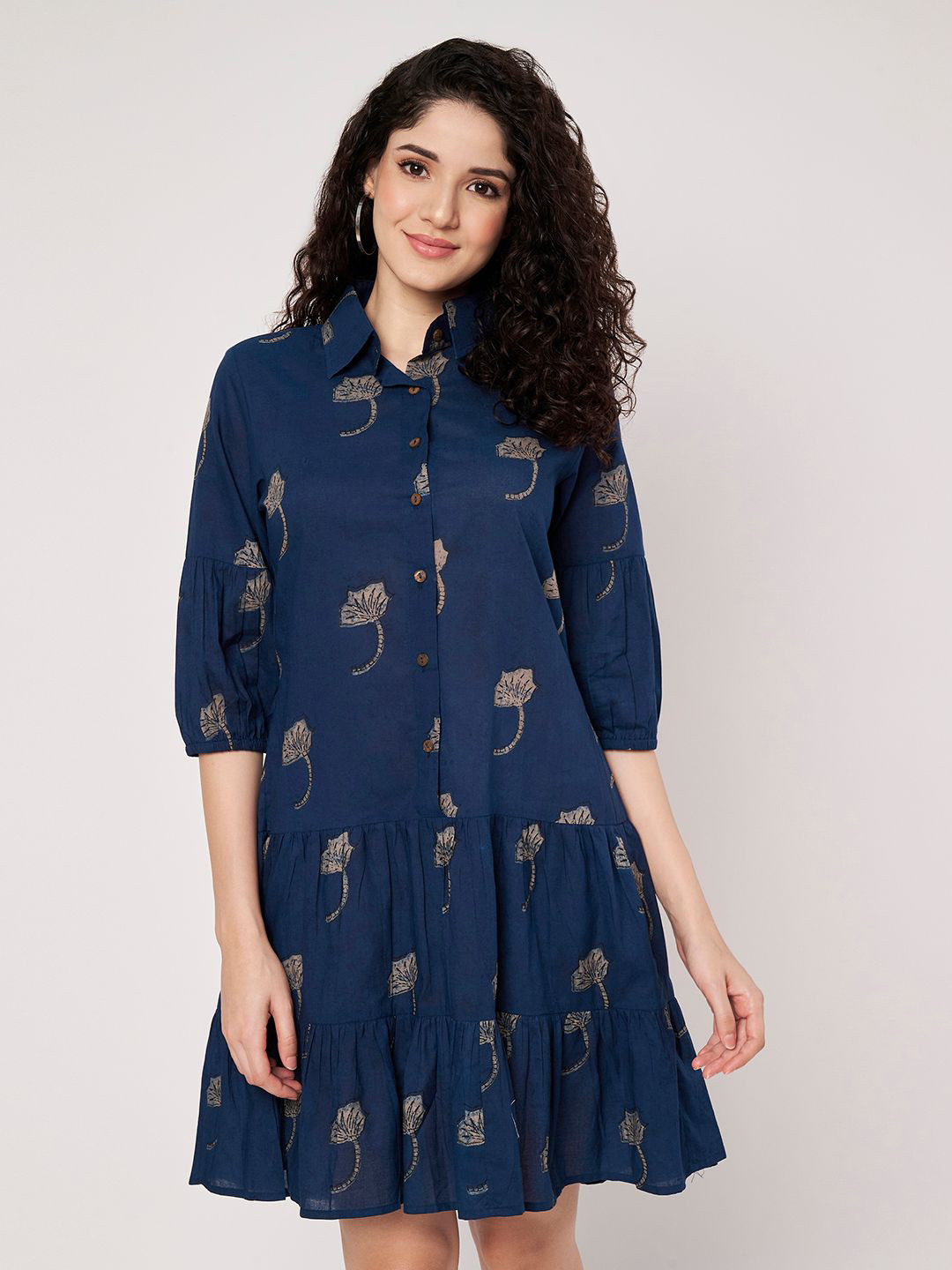 SPARSA Printed Shirt Collar Puff Sleeves  Pure Cotton Shirt Dress