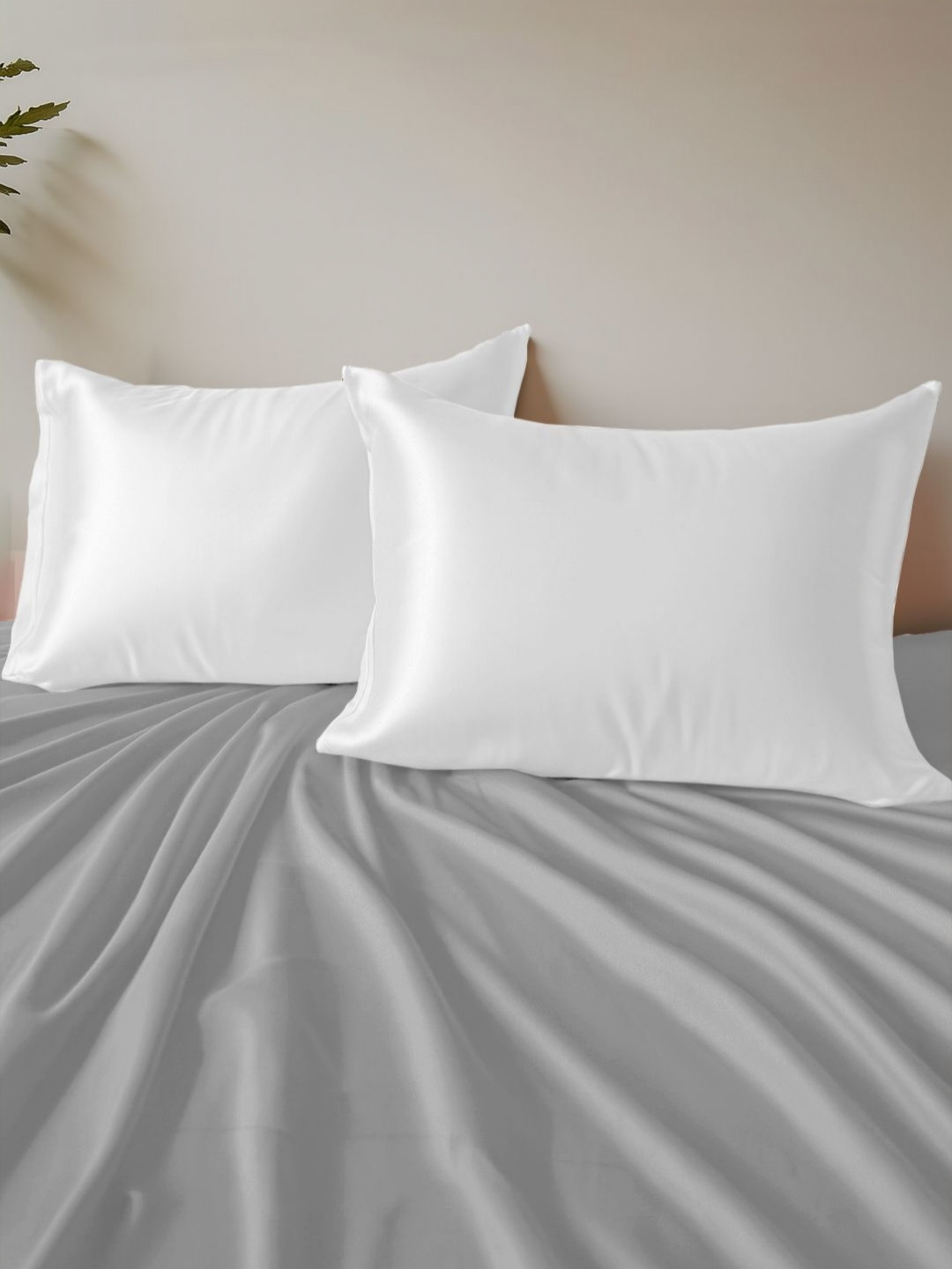 Arrabi White 2 Pieces Satin Rectangle Pillow Covers With Scrunchy