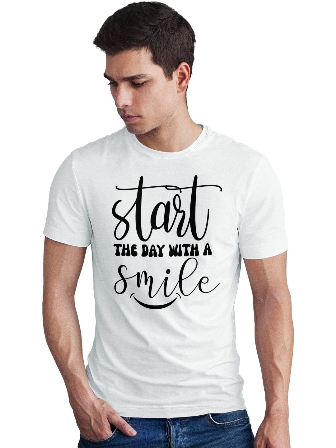 Seekbuylove Men Start Day With Smile Printed Bio Finish Cotton T-shirt