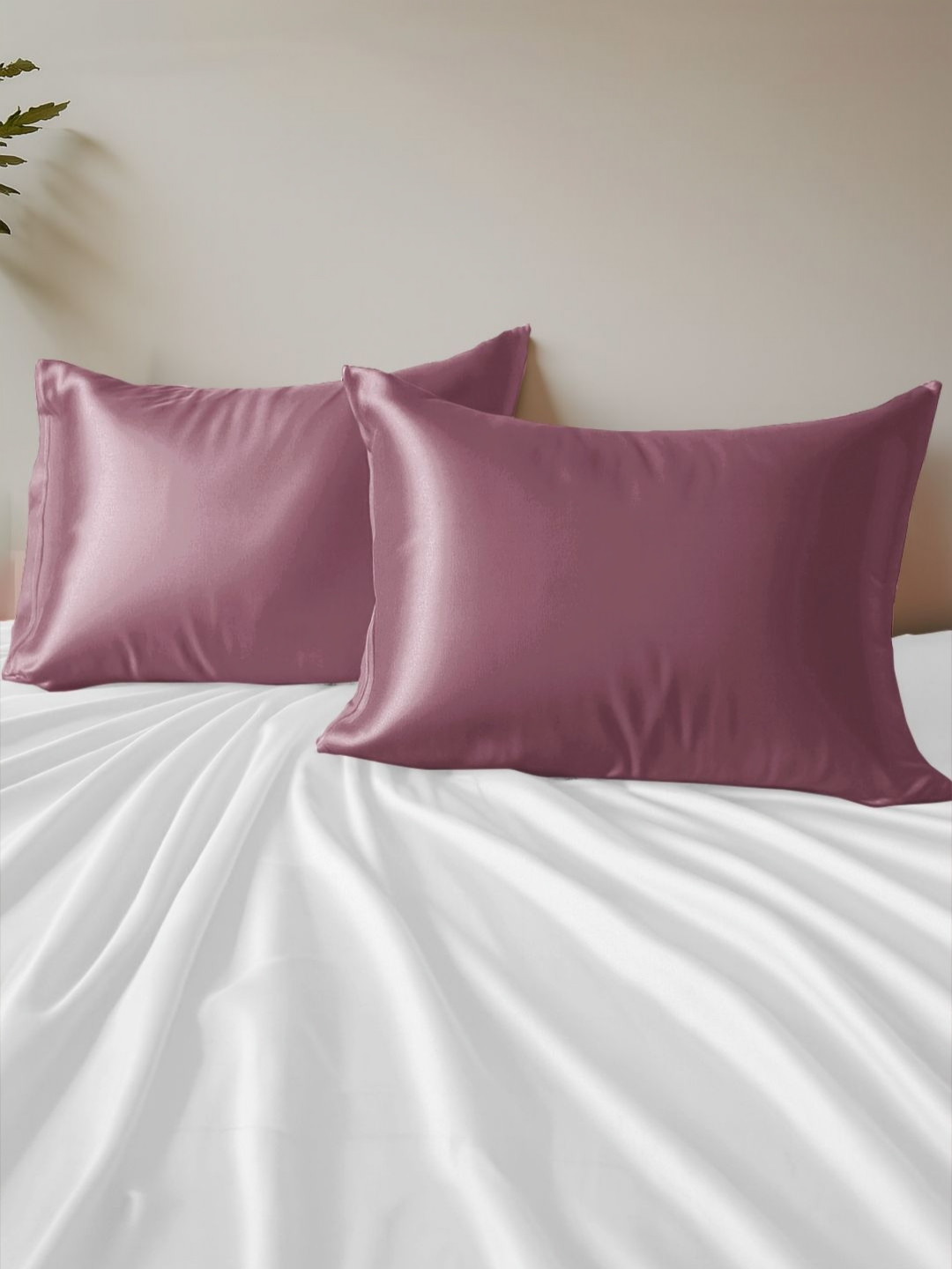 Arrabi Pink 2 Pieces Satin Rectangle Pillow Covers With Scrunchy