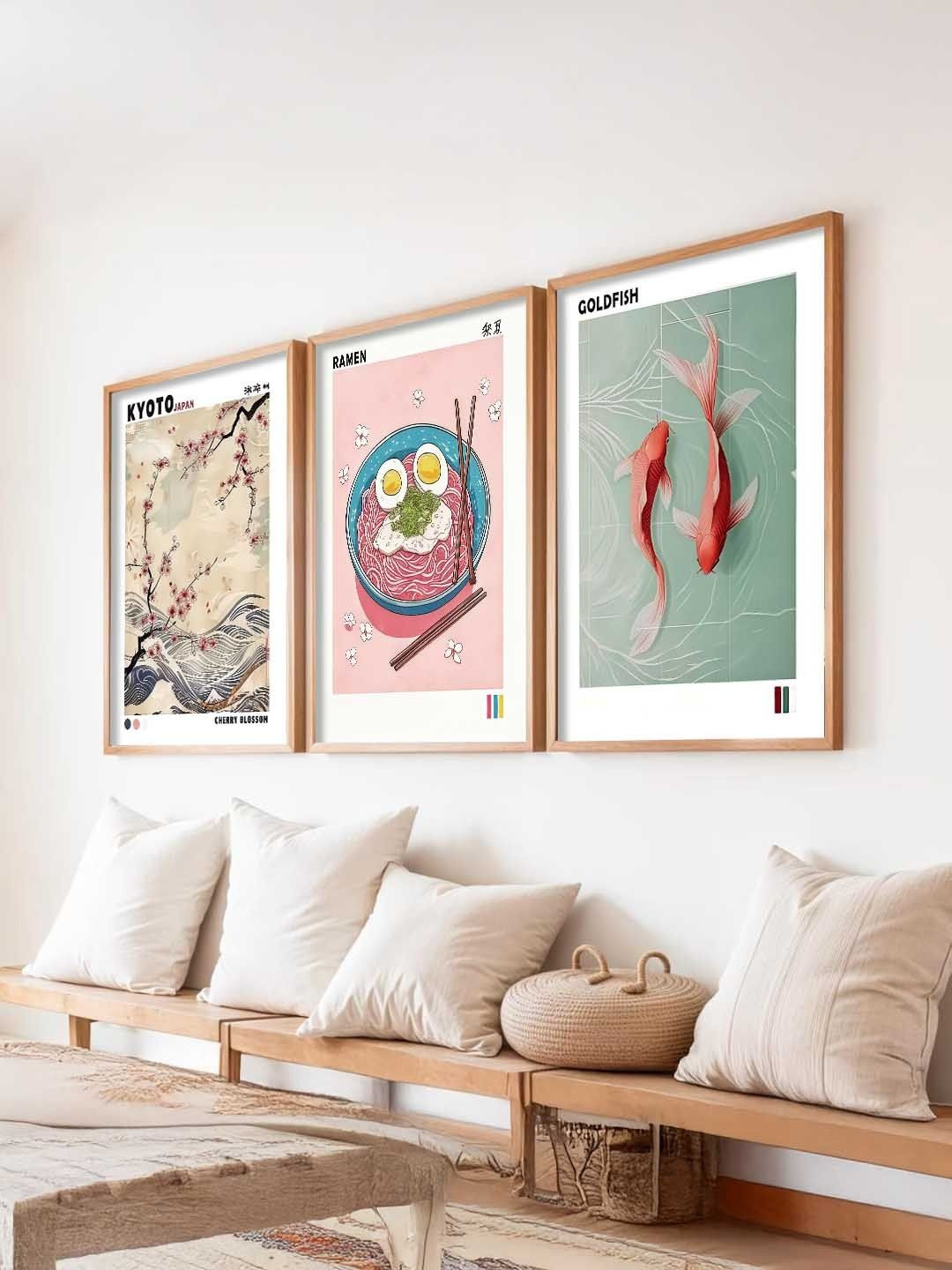 WALLLANE Set Of 3 Japanese Art Framed Multicoloured Wood Wall Paintings