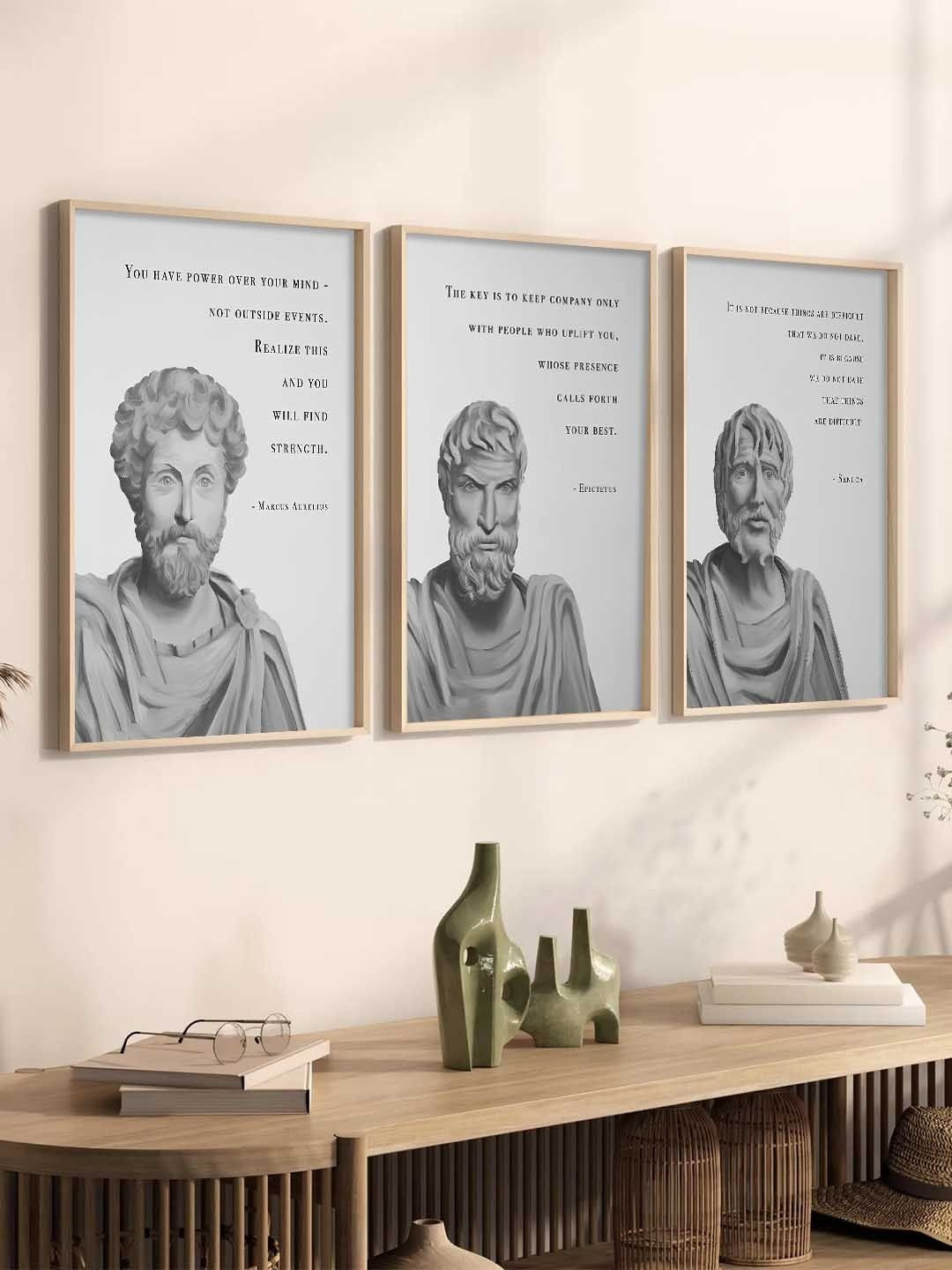 WALLLANE White & Brown Set of 3 Wooden Philosophy Art Wall Photographs
