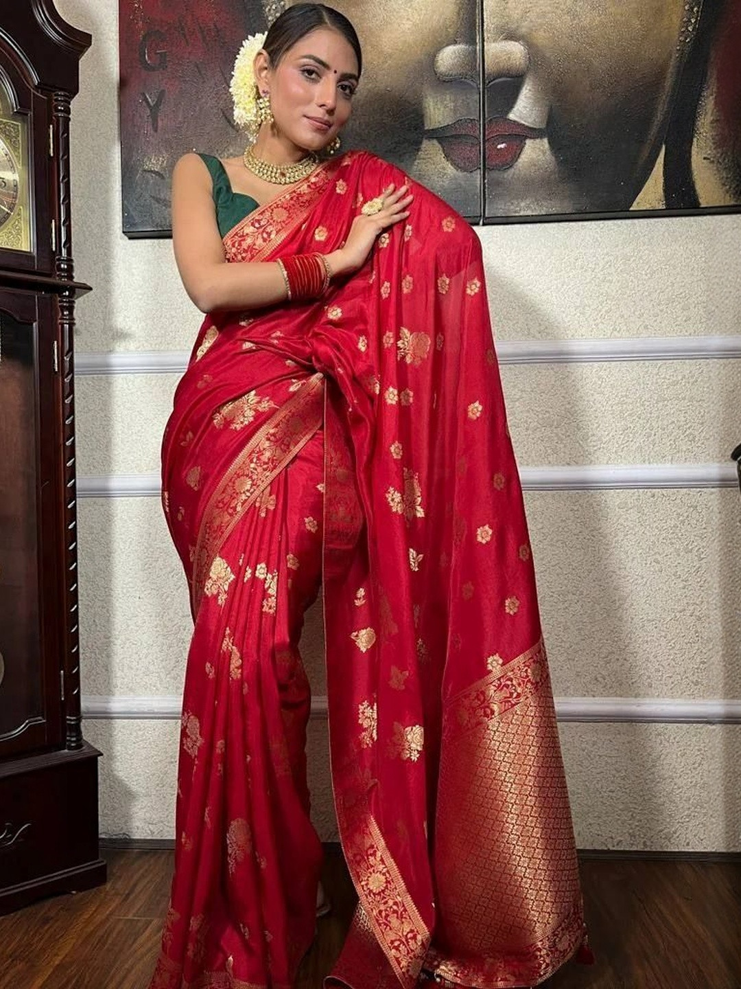 VASTRAAVEDAA Ethnic Motifs Woven Design Zari Banarasi Saree