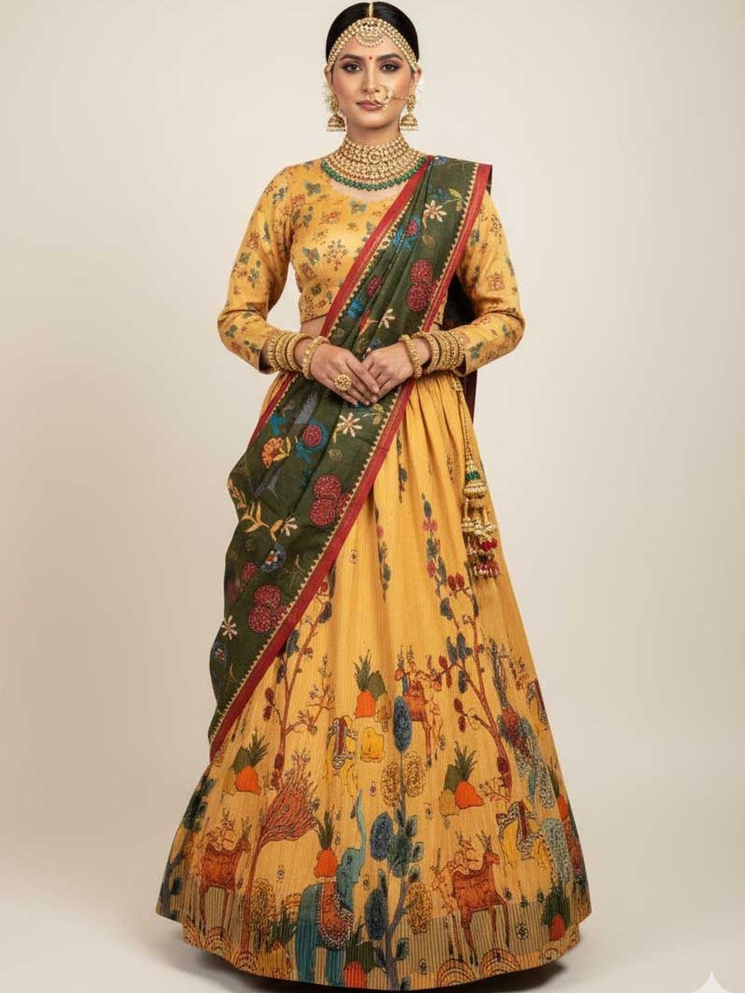 SAPTRANGI Woven Design Kalamkari Semi-Stitched Lehenga & Unstitched Blouse With Dupatta