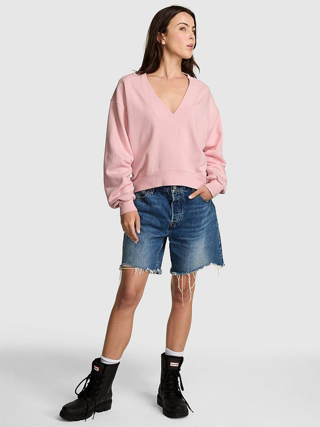 Victoria's Secret Women Solid V-Neck Oversized Pullover Sweatshirt