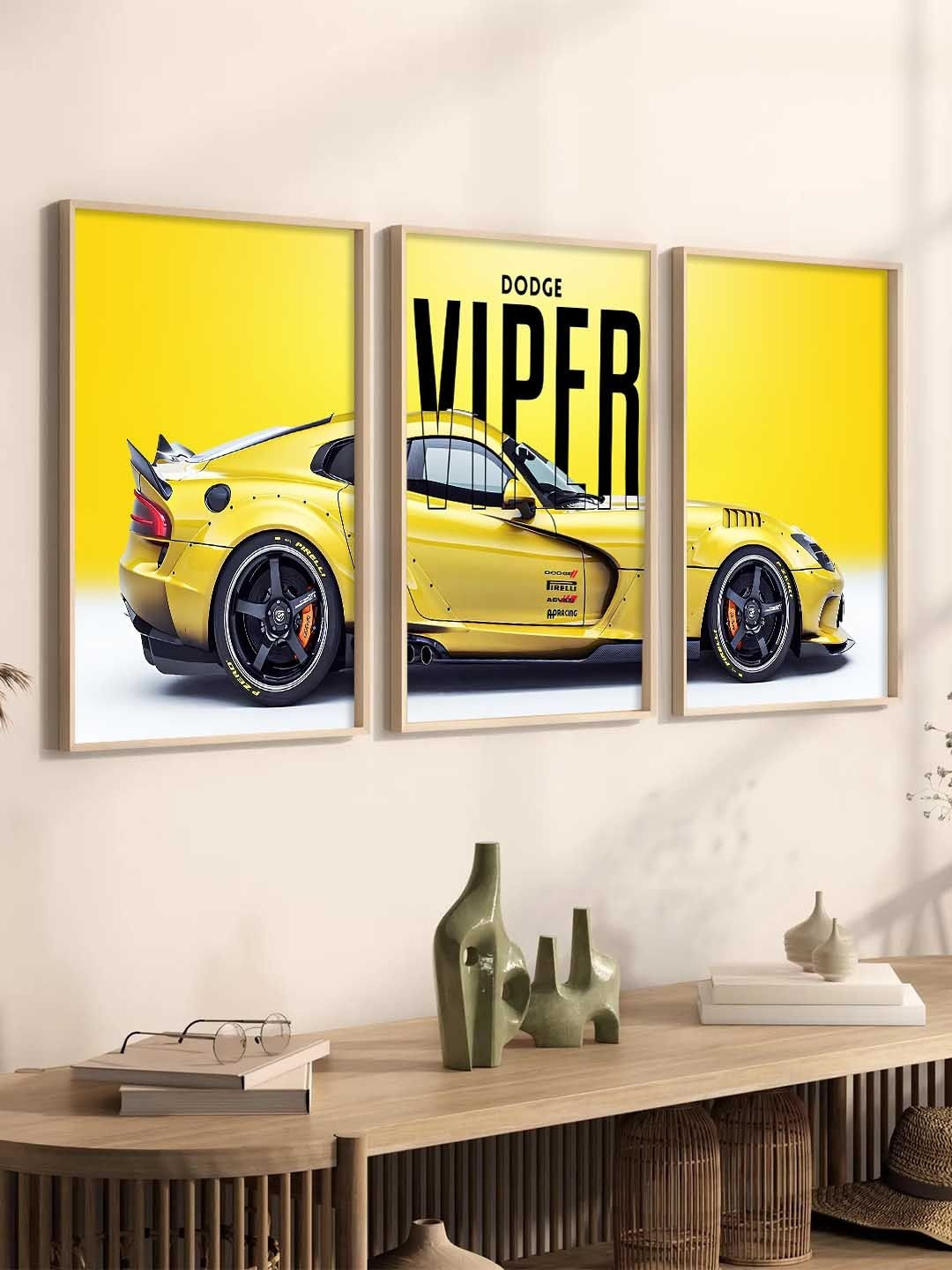 WALLLANE Yellow & Black 3 Pieces Wooden Sports Car Wall Posters