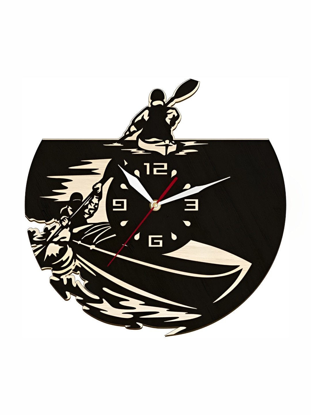 QEZNEF Black Graphic Printed Round Shaped Analogue Contemporary Wooden Wall Clock