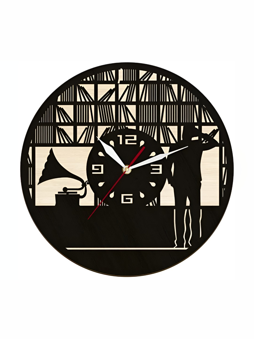 QEZNEF Black Graphic Printed Round Shaped Analogue Contemporary Wooden Wall Clock