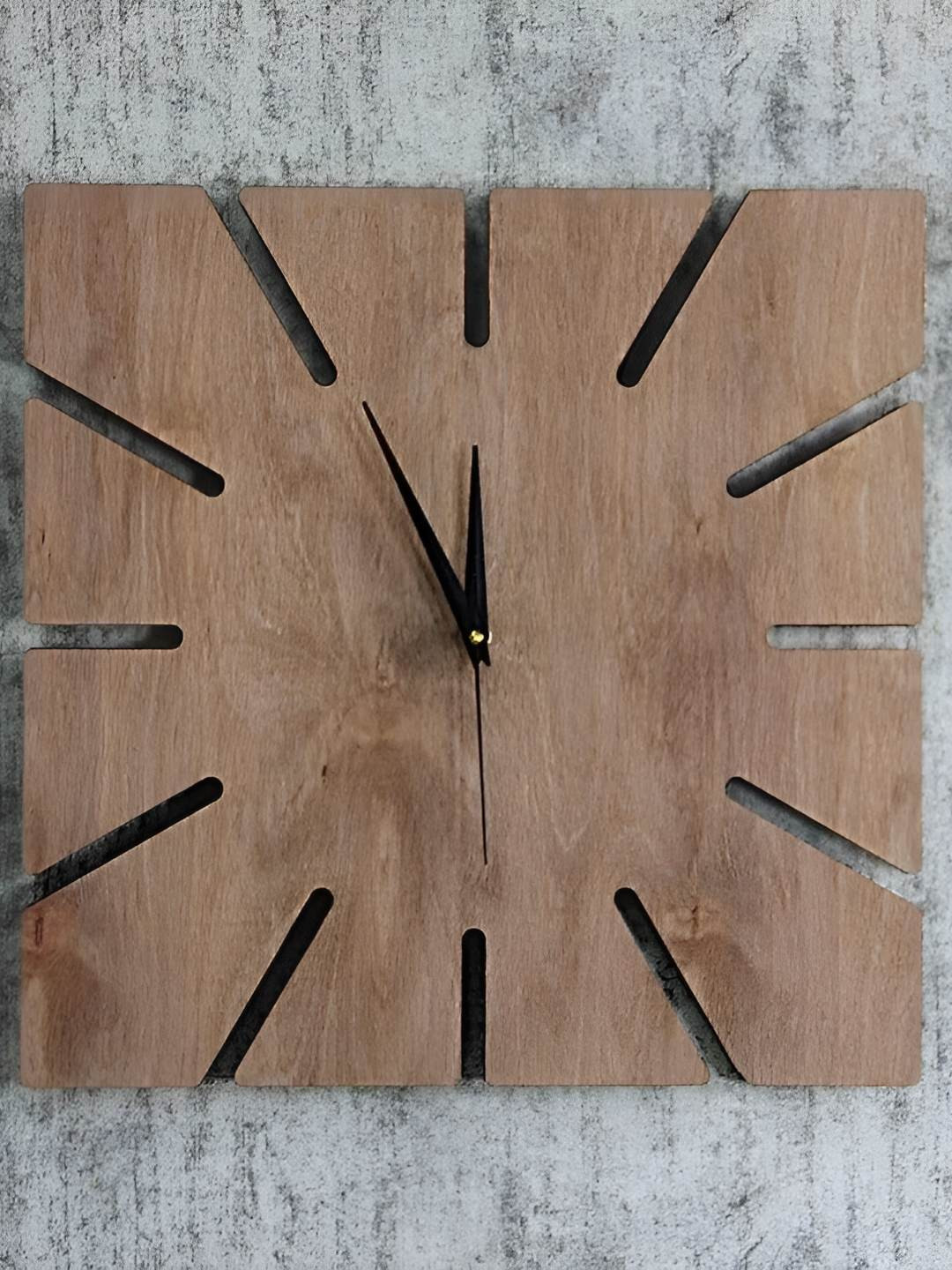 QEZNEF Brown Square Shaped Analogue Contemporary Wooden Wall Clock