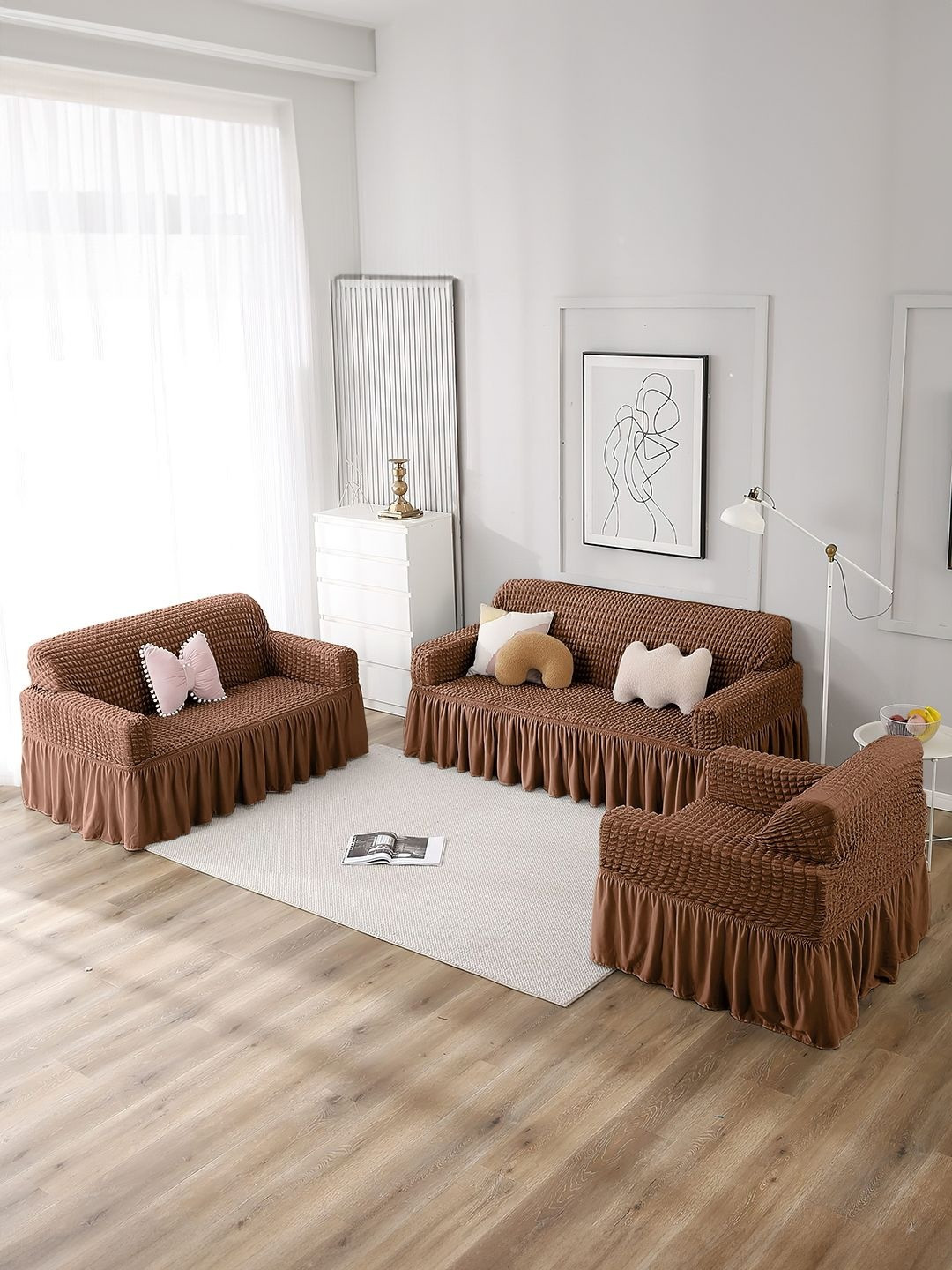 Cortina 3 Pieces Brown Checked C-Shaped Sofa Covers