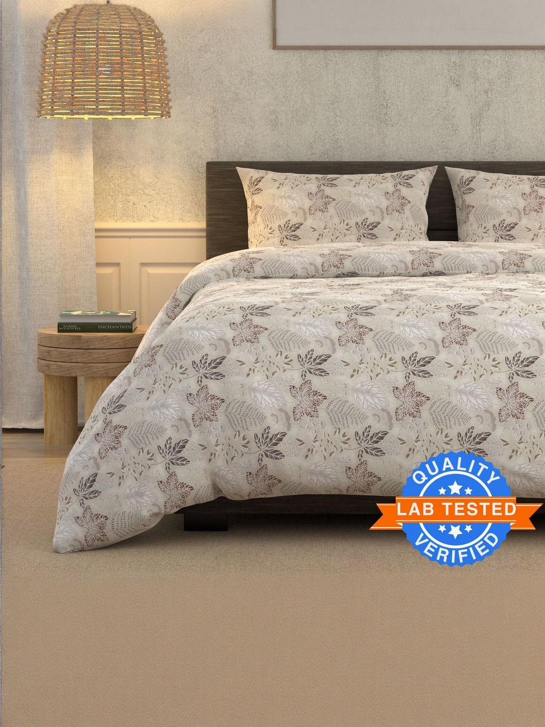 LA VERNE Off White And Brown Floral 180 TC King Bedsheet With 2 Pillow Covers
