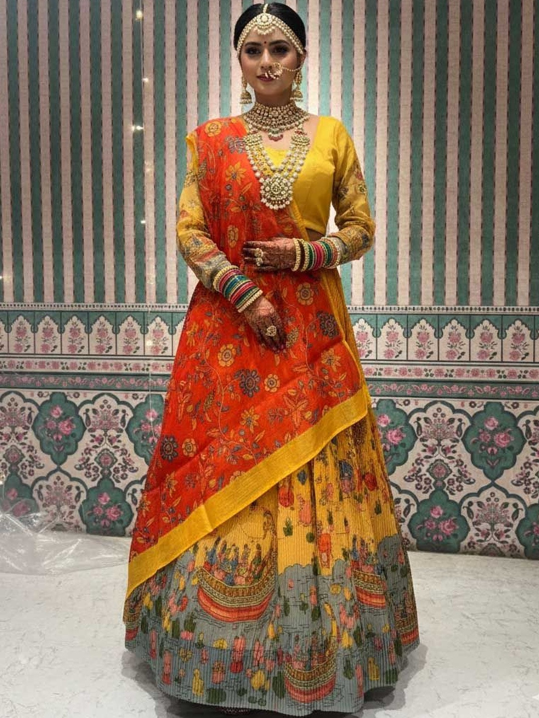 SAPTRANGI Kalamkari Semi-Stitched Lehenga & Unstitched Blouse With Dupatta