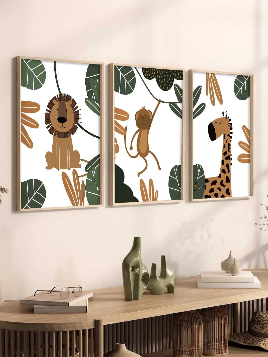 WALLLANE Set of 3 Multicoloured Wooden Cartoon Art Framed Posters