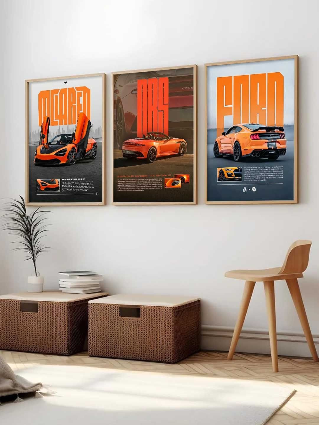 WALLLANE Brown & Orange 3 Pieces Graphic Printed Wooden Wall Paintings Wall Art