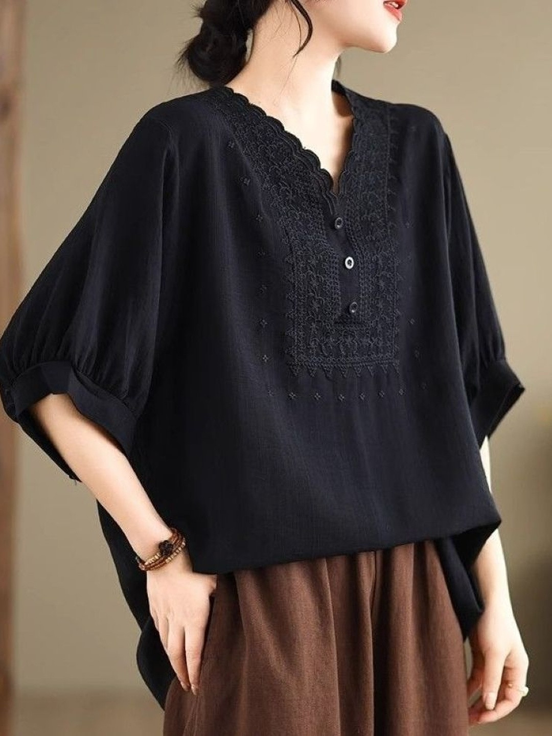 StyleCast Embroidered  Short Sleeve Cotton Top