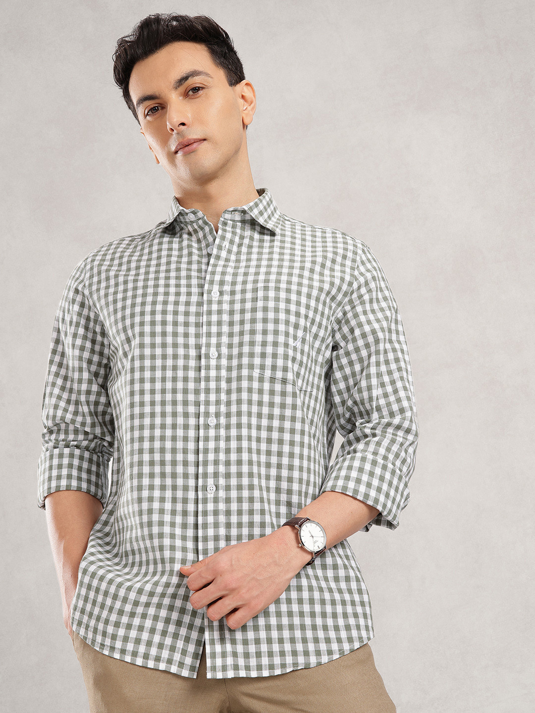 Nautica Cotton Linen Gingham Checked Slim Fit Casual Shirt