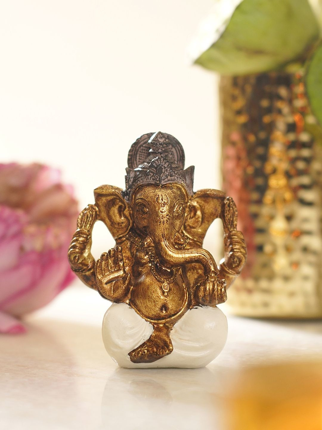 Pure Home and Living Gold-Toned & White Religious Antique Sitting Ganesha Idol Showpiece